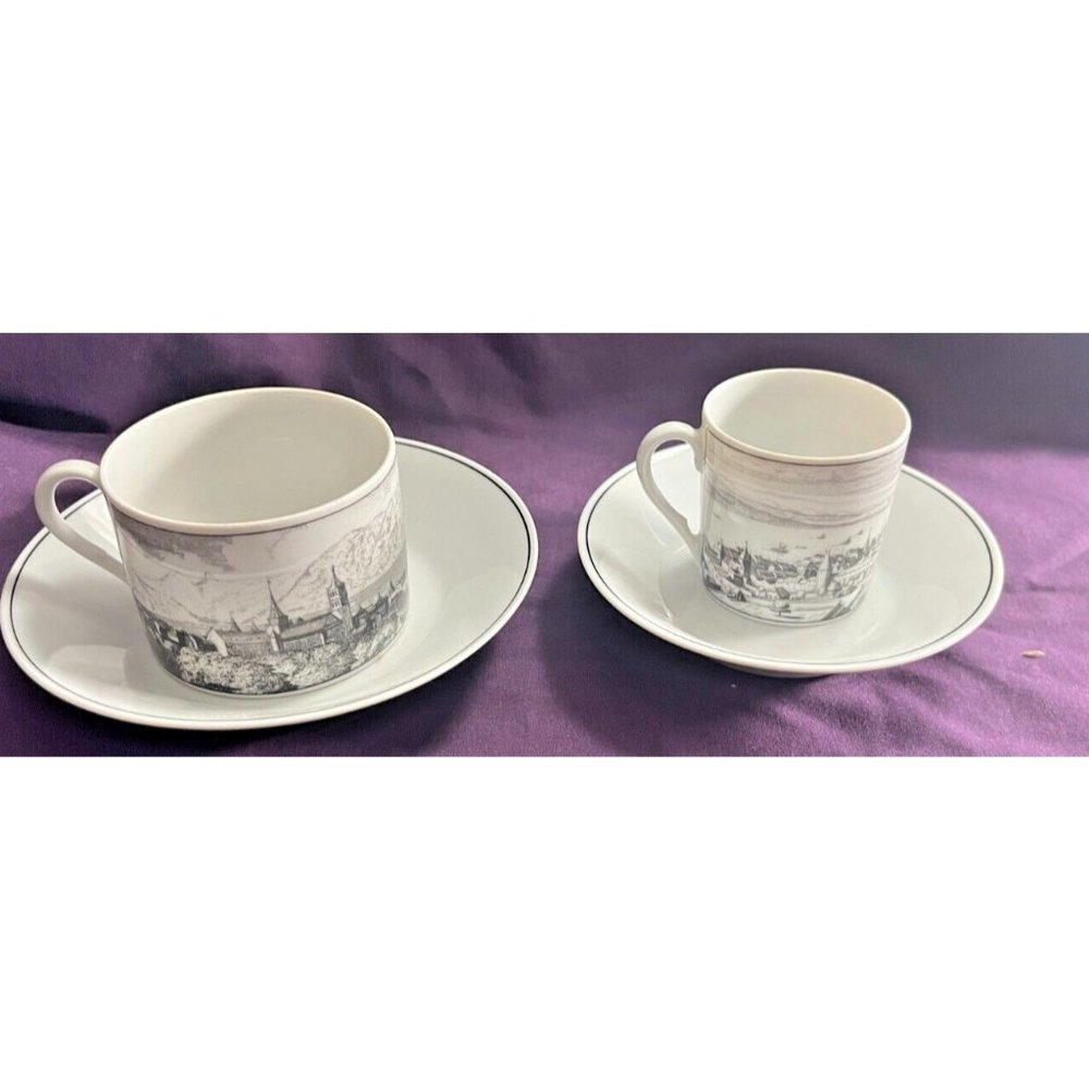 Swiss Coffee & Cappuccino Cups & Saucers * Picture of Lausanne * Suisses